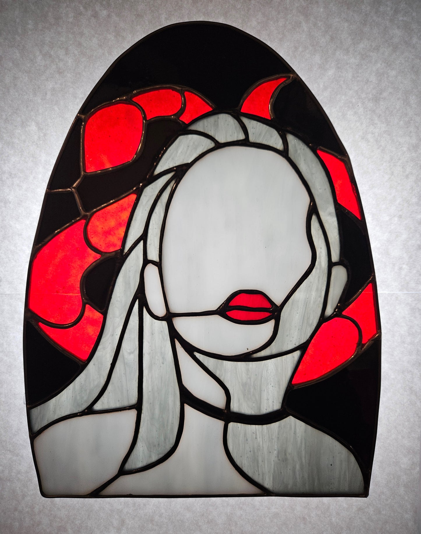 "Woman With Snake" Stained Glass with Walnut Stand