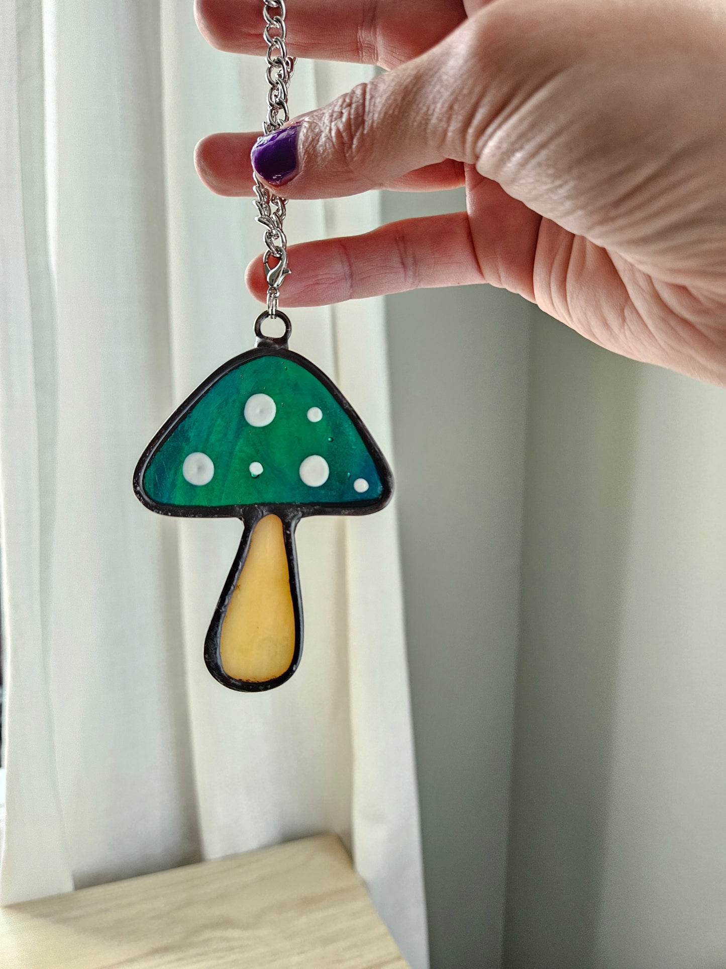 Blue-Green Toadstool Stained Glass Car Charm