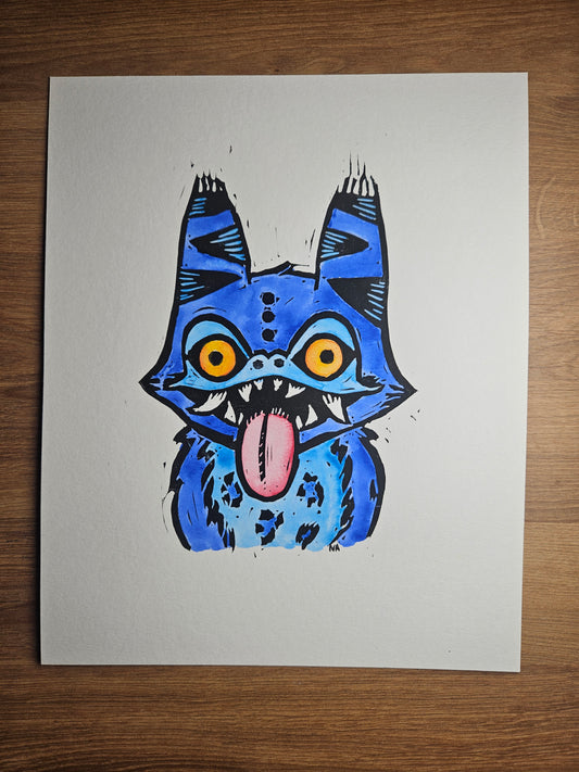 8x10 Goofy Space Cat Watercolor and Linocut Print