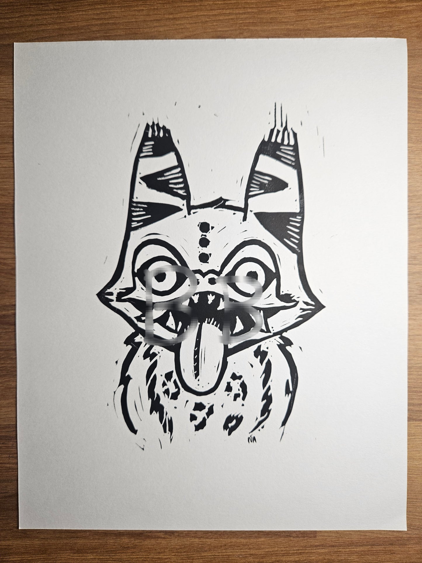 8x10 Goofy Space Cat Linocut Print