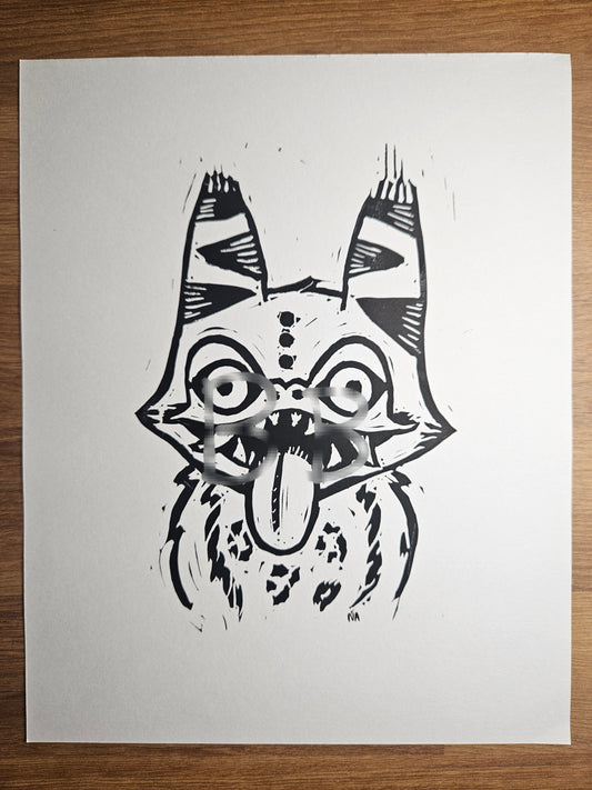 8x10 Goofy Space Cat Linocut Print