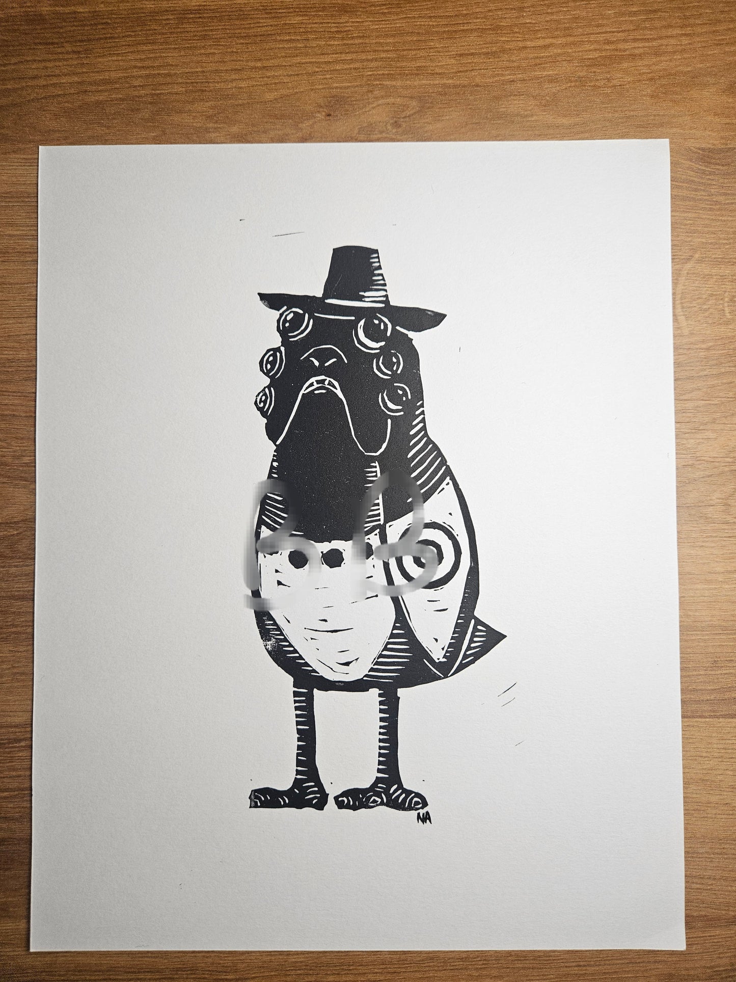 8x10 Suspicious Space Puffin Linocut Print